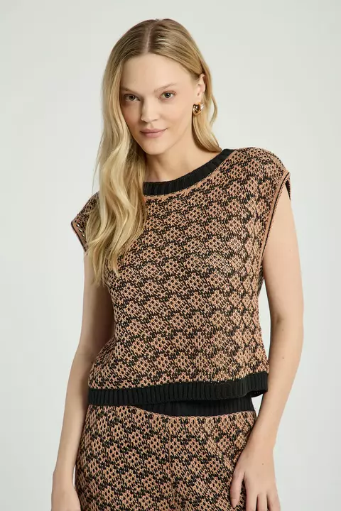 BLUSA TRICOT PONTO DETALHAD BEGE ESCURO / PRETO P- MY PLACE