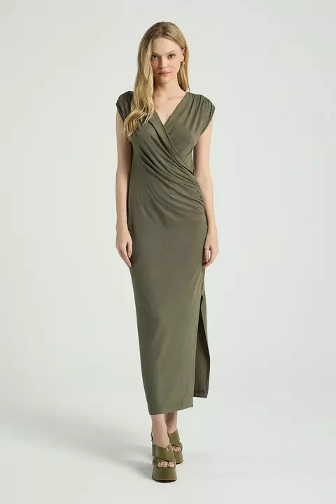 VESTIDO LONGO FRANZIDO VERDE ESCURO M- MY PLACE