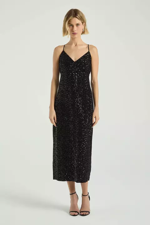 VESTIDO MIDI PAETE VELUDO PRETO PP- MY PLACE