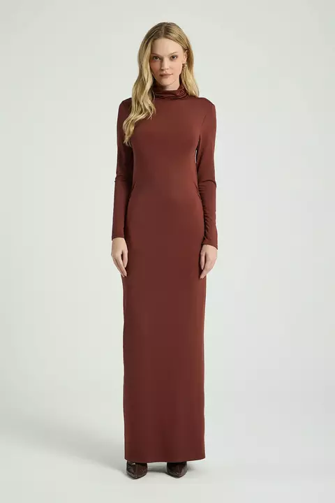 VESTIDO GOLA DUPLA DETALHE COSTA MARROM PP- MY PLACE