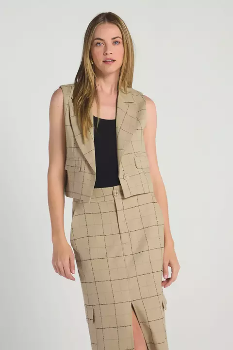 COLETE XADREZ BEGE M CAMEL- MY PLACE