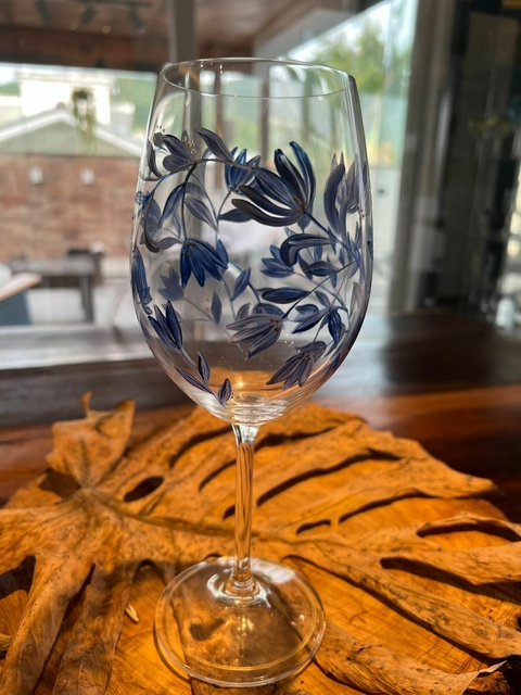 Taça de Cristal Flores Azul - Pintura à mão