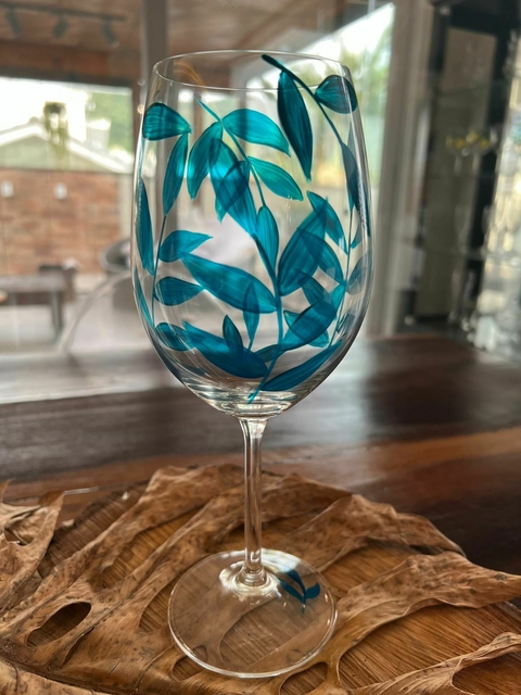 Taça de Cristal Folhas Azul - Pintura à mão - comprar online