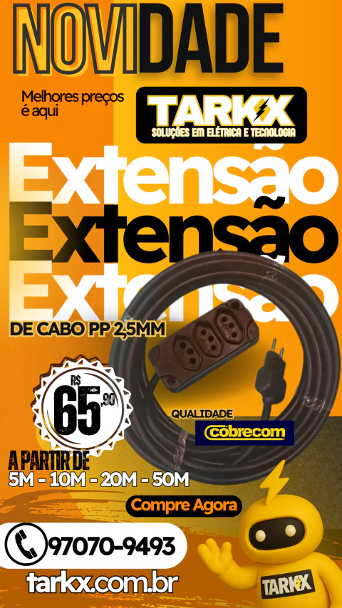 EXTENSÃO CABO PP 2 VIAS 2,5MM 3 TOMADAS 20A PRETO CABO COBRECOM