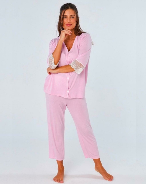 Pijama Calça Capri Algodão com Renda _ Rosa Claro