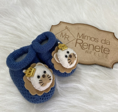 Sapatinho Tricô Leão Coroa - Azul Jeans