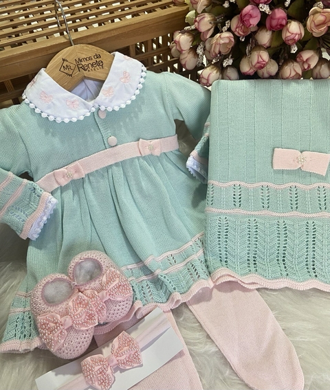 Saída Maternidade com Manta Carla - Verde Água com Rosa Bebê