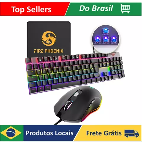 Kit De Teclado Mecânico E Mouse Gamer 3200 Dpi Com Fio Abnt2 Português Brasil Iluminação Led Rgb Switch Blue Preto Be-k2