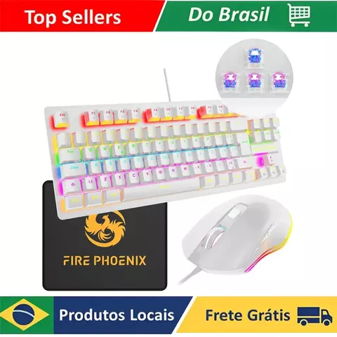 Kit De Teclado Mecânico E Mouse Gamer 3200 Dpi Com Fio Abnt2 Iluminação Led Rgb Switch Blue 60% Branco Be-k1 Luuk Young