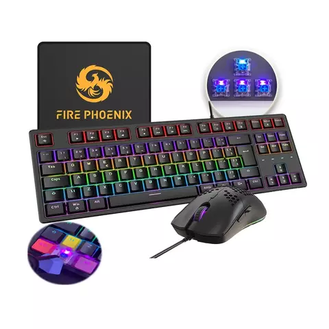 Kit De Teclado Mecânico Mouse Gamer 6400 Dpi Com Fio Abnt2 Português Brasil 60% Iluminação Led Rgb Switch Blue Bk05