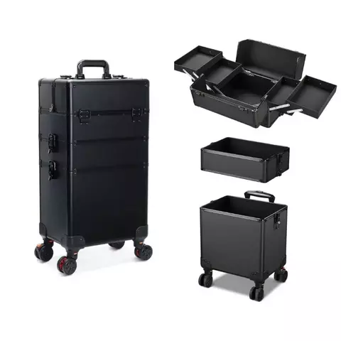 Maleta Mala de Maquiagem Profissional Com Divisórias e Rodinha 360 Graus 3 Andar Preta MS814