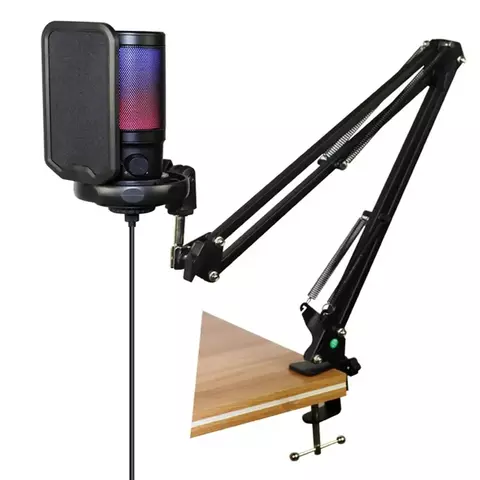 Microfone para Gravação e Streaming Condensador Para Pc Usb Com Led Profissional Preto Com Braço Articulado Ajustavel U850b