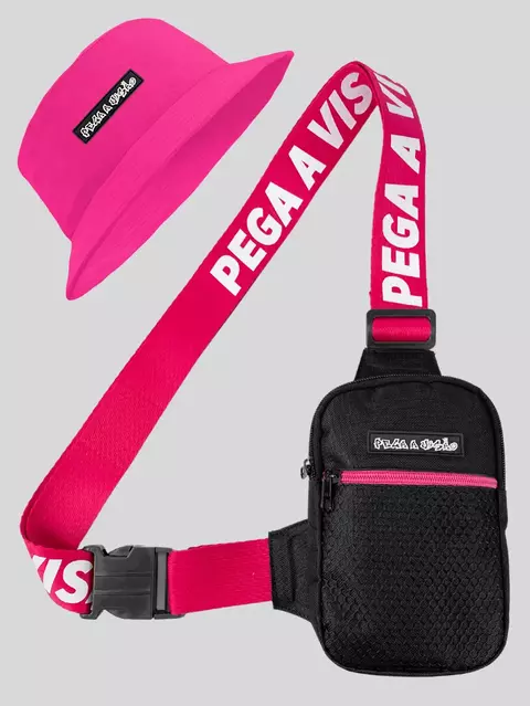 Shoulder Bag Mini Bolsa Pochete Necessaire Preto Alça Rosa + Chapeu Bucket Hat Pega a Visão