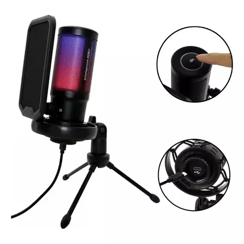 Microfone para Gravação e Streaming Condensador Para Pc Usb Com Led Profissional Preto U850