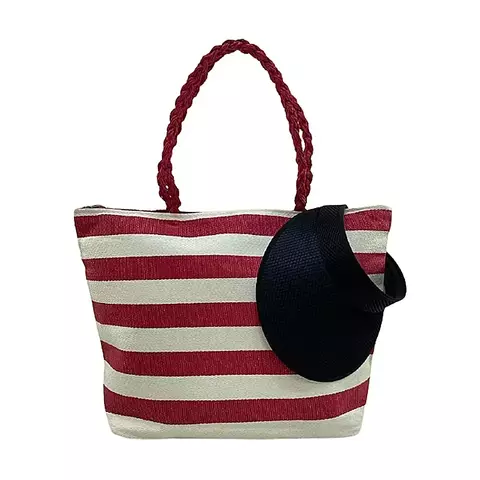 Kit Bolsa de Praia e Viseira Listrada Vermelha Verão Piscina Viagem Viajar Moda Linda