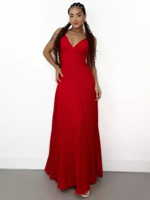 Vestido Feminino Longo em Crepinho Plissado com Amarração Raiane Ref. 1318