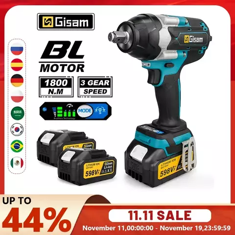 Chave de impacto elétrica sem escova, torque 1800n.m, bateria de íon de lítio de