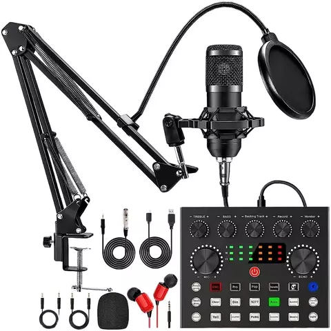 Kit Podcast BM800 com Placa de Som V8 e Filtro Pop Duplo para Lives e Streaming