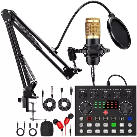 Kit para Podcast com Microfone BM800 e Placa de Som V8 – Filtro Pop Duplo