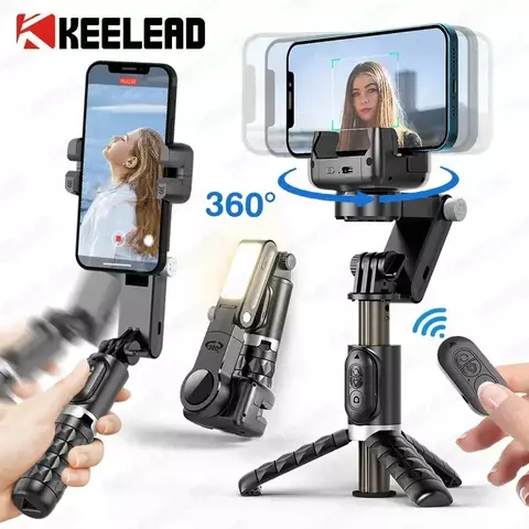 Keelead gimbal de rotação 360, tripé selfie stick com luz de preenchimento remota seguindo tiro, estabilizador para smartphone ao vivo/vlog