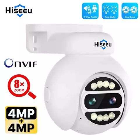 Hiseeu lente dupla 4mp 8x zoom digital poe ptz câmera cor visão noturna segurança vigilância de vídeo cctv câmeras ip xmeye onvif