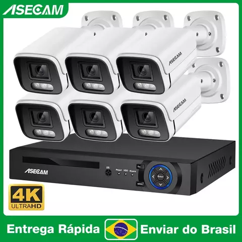 ASECAM Kit Câmeras de Segurança 4K 8MP Externa Áudio POE NVR AI Cor Noite Detecção Humana Casa Camera de Vigilância no Brasil