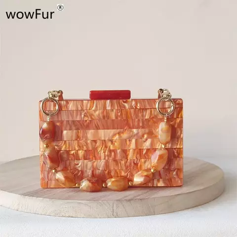 Mulheres Laranja Brilhante Listrado Acrílico Clutch, Designer Bolsas, Marca de Luxo Bolsas, Bolsas Noite, Festa de Casamento