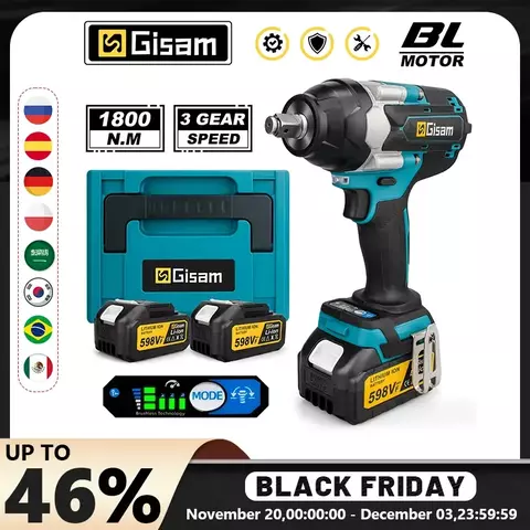 Gismo 1800N.M Torque Brushless Chave de impacto elétrica Chave de fenda de 1/2 polegada Chave sem fio Ferramenta elétrica para Makita 18V Bateria Pin