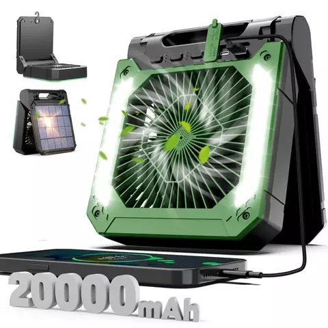 Ventilador elétrico portátil de 20000mAh com luz LED para barraca de acampamento de carro Gancho e USB e carregamento solar para caminhadas, pesca, piquenique, emergência