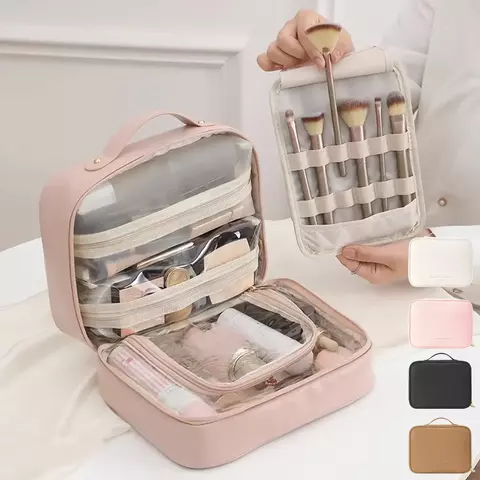 Bolsa de maquiagem de grande capacidade com alça, estilo simples e elegante, bolsa de armazenamento de cosméticos, portátil, organizador de produtos de higiene pessoal para viagem