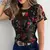 Elegante floral bordado perspectiva blusa de malha feminina, manga curta, tops c