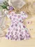 Vestido casual estampado floral para meninas, manga curta, arco plissado, roupa
