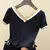 Camiseta feminina de malha fina, moda coreana, cor contraste, tops de manga curt - loja online