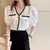 Camisa chiffon elegante para mulheres, blusa de manga curta, gola V, manga puff, - Irislandia Variedades