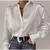 Imagem do Blusa elegante de cetim para mulheres, manga comprida, cor sólida, camisa de se