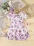 Vestido casual estampado floral para meninas, manga curta, arco plissado, roupa