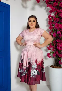 Vestido Midi Rosa Claro Escamas - Acompanha Cinto - Veste Pronto