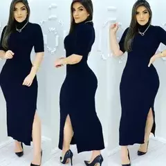 Vestido Longo Canelado Manga Longa Gola Alta