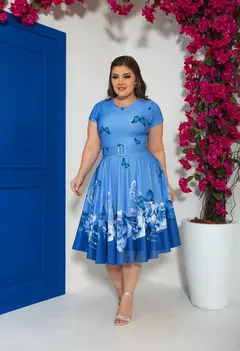 Vestido Midi Azul Borboleta - Acompanha Cinto