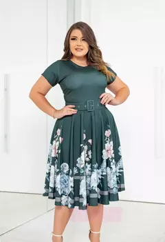 Vestido Midi Verde Escuro Florido - Acompanha Cinto - loja online