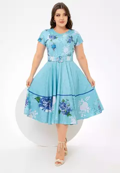 Vestido Midi Azul Céu - Acompanha Cinto