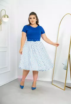 Vestido Midi Poá Azul - Acompanha Cinto