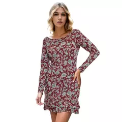 Vestido Curto Decotado Viscolycra Manga Longa Paisley