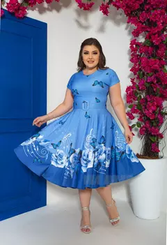 Vestido Midi Azul Borboleta - Acompanha Cinto