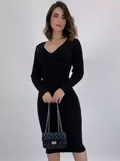 Vestido Midi Tricot Canelado Manga Longa - Veste Pronto