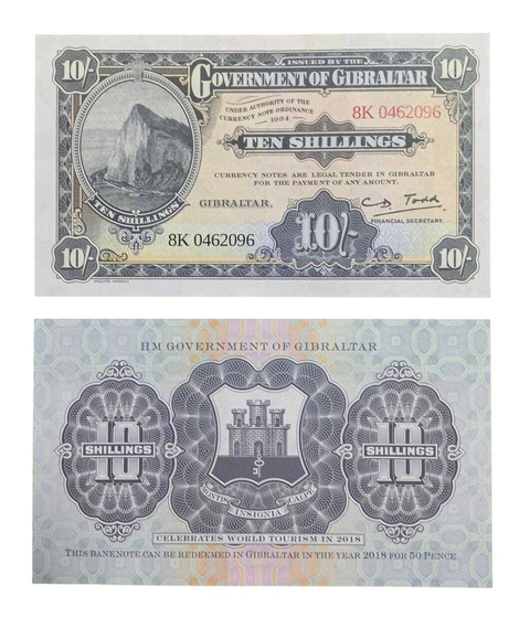 Gibraltar, 50 Pence 2018 / 10 Shillings 1934 Celebración del Turismo Mundial 2018