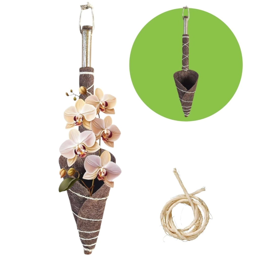 Vaso Planta Orquídeas Fibra De Coco Natural Suporte De Bambu