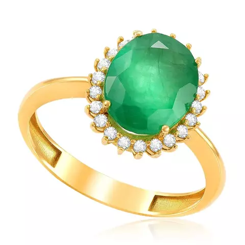 Anel de Ouro Amarelo com Diamantes e Esmeralda Oval