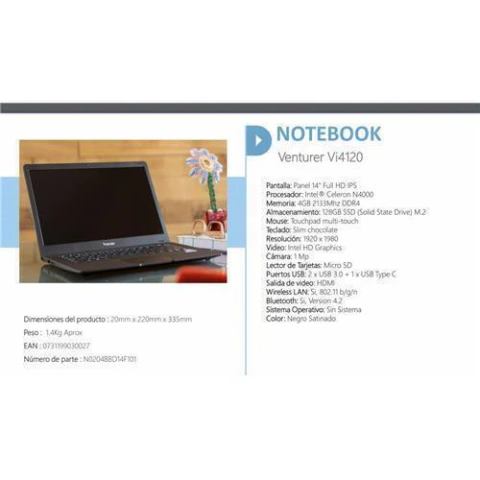 Notebook Venturer 14" 4Gb/128Gb Ssd Vcn6Q14 Celereon