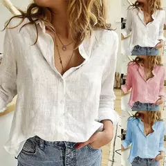 Camisa Casual Clara - Manga Longa de Linho com Gola V na internet